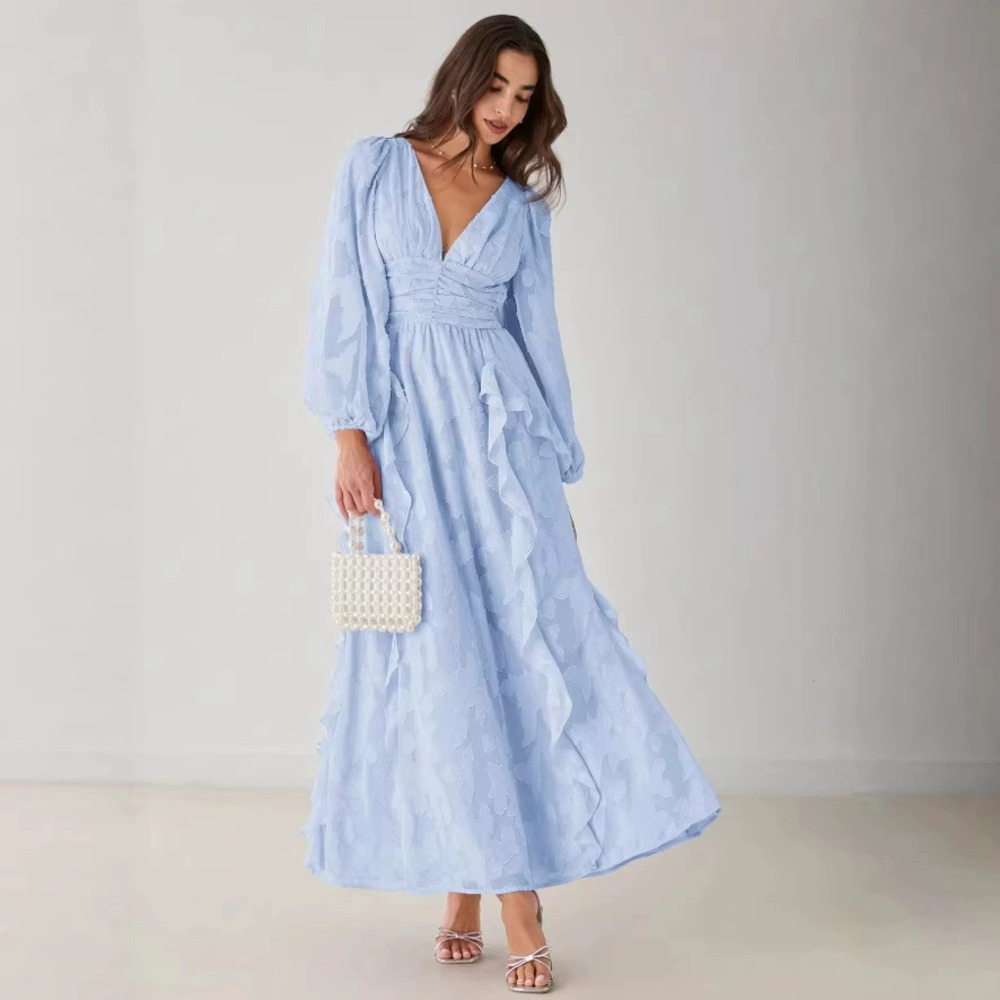 Zara Spring Chiffon Ruffle Collar Fitted Waist Long Dress